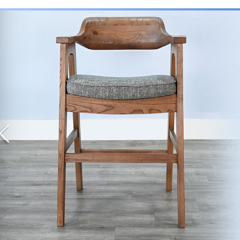 Reno Counter Stool Chair Set of 2, Curved Back, Gray Cushion, Brown Wood - BM352399