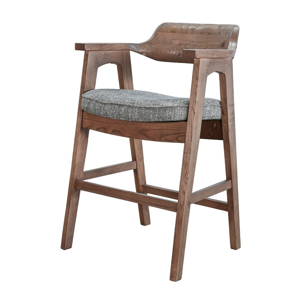 Reno Counter Stool Chair Set of 2, Curved Back, Gray Cushion, Brown Wood - BM352399