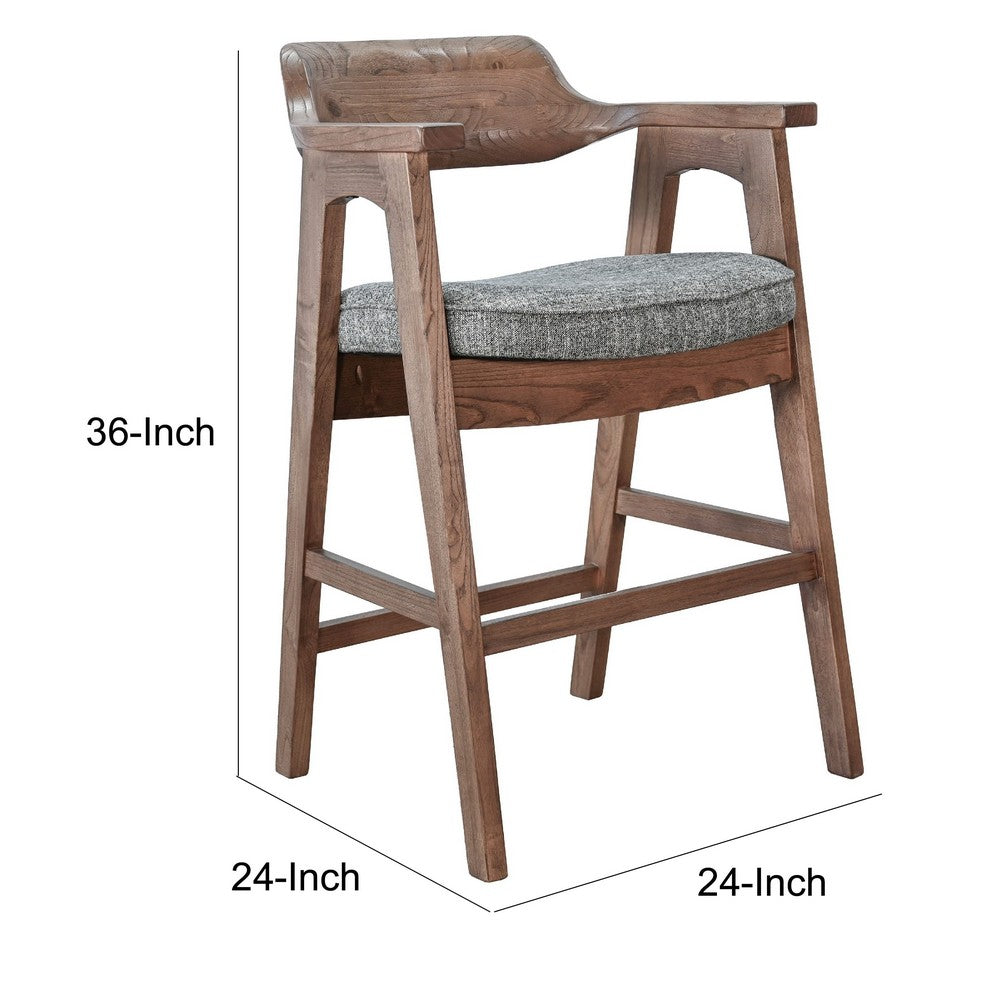 Reno Counter Stool Chair Set of 2, Curved Back, Gray Cushion, Brown Wood - BM352399
