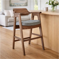 Reno Counter Stool Chair Set of 2, Curved Back, Gray Cushion, Brown Wood - BM352399