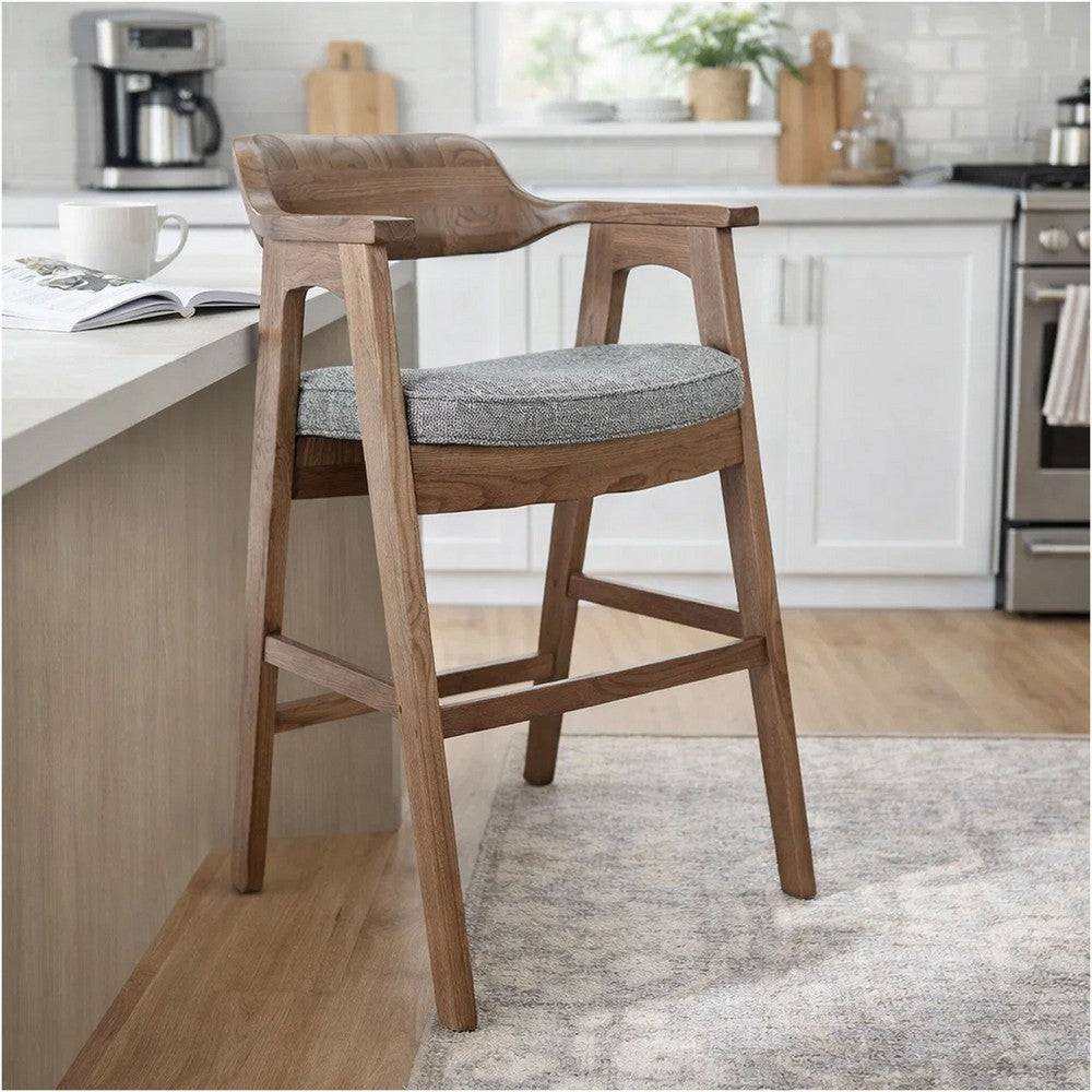 Reno Counter Stool Chair Set of 2, Curved Back, Gray Cushion, Brown Wood - BM352399