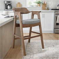 Reno Counter Stool Chair Set of 2, Curved Back, Gray Cushion, Brown Wood - BM352399