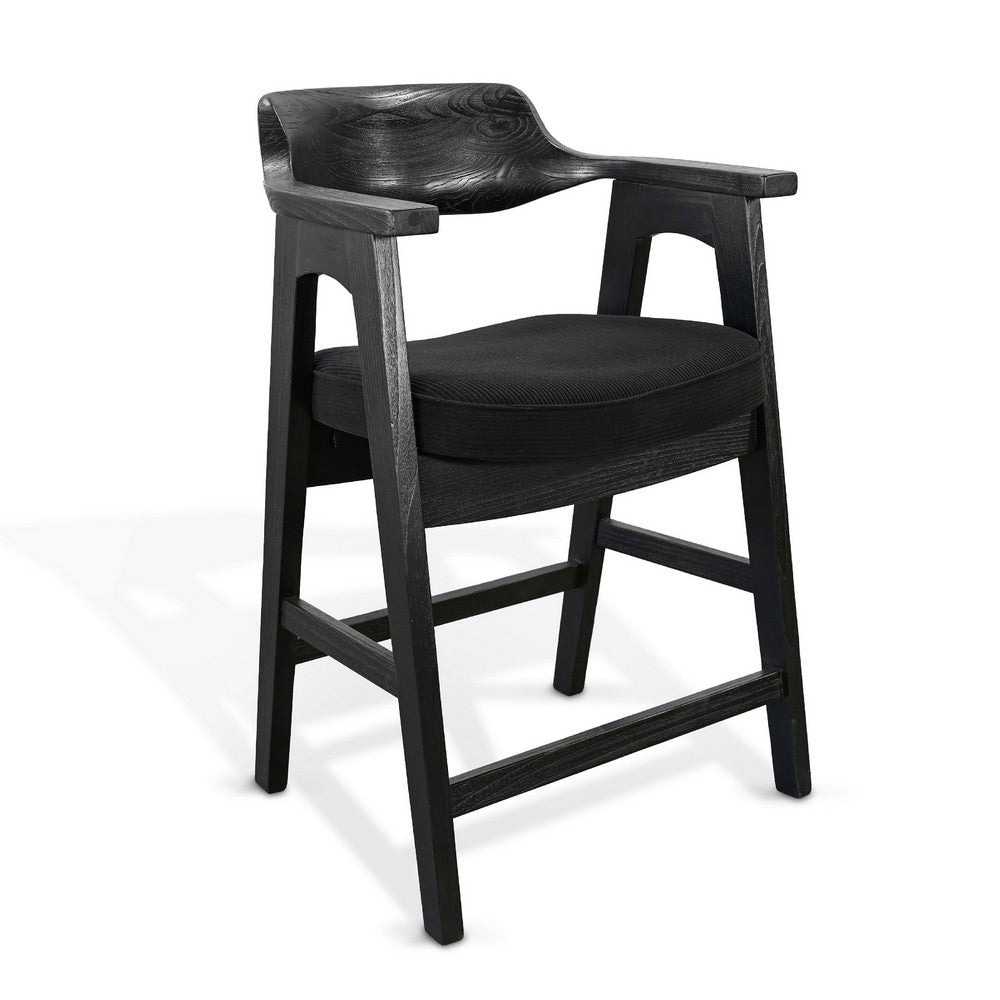 Reno Counter Stool Chair Set of 2, Curved Back w Seat Cushion, Black Wood - BM352400