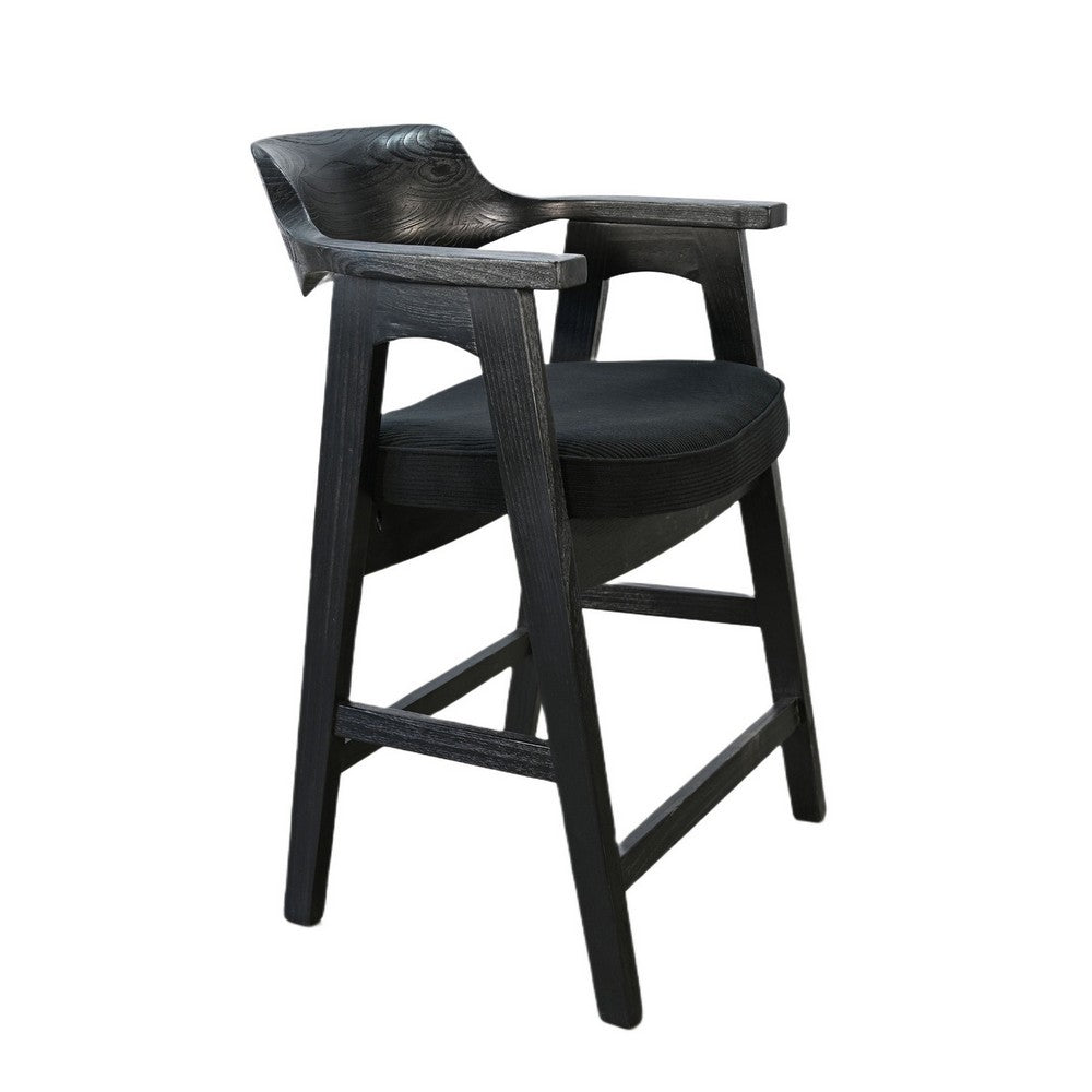 Reno Counter Stool Chair Set of 2, Curved Back w Seat Cushion, Black Wood - BM352400