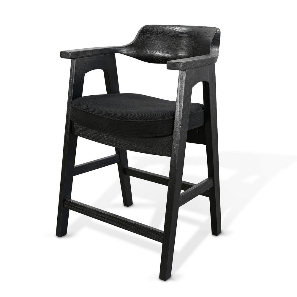 Reno Counter Stool Chair Set of 2, Curved Back w Seat Cushion, Black Wood - BM352400