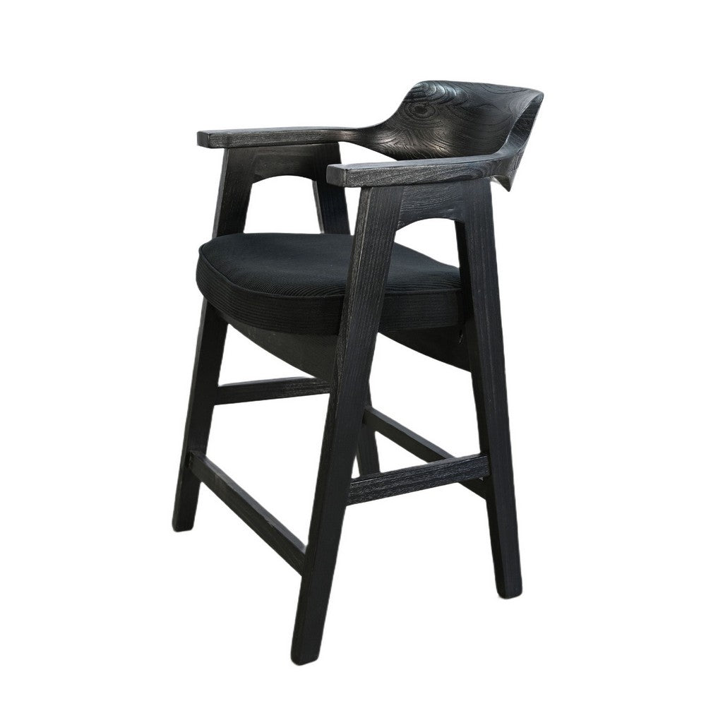 Reno Counter Stool Chair Set of 2, Curved Back w Seat Cushion, Black Wood - BM352400
