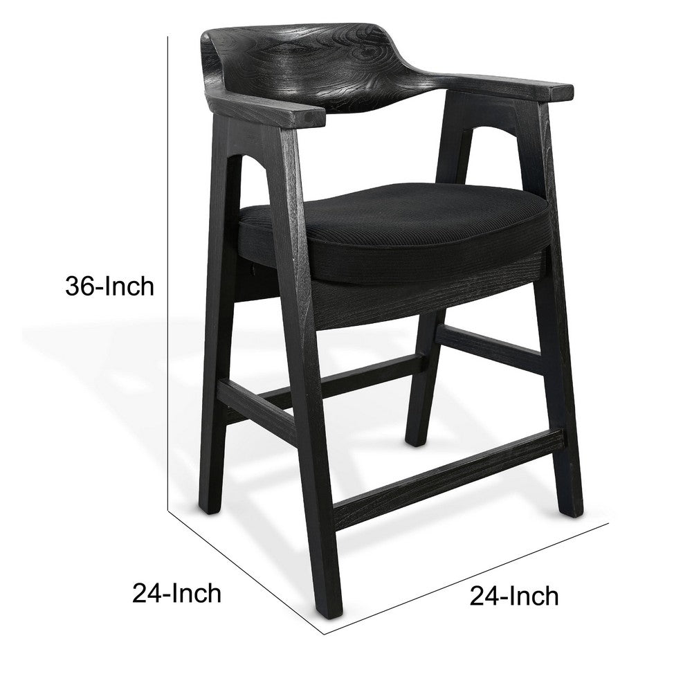 Reno Counter Stool Chair Set of 2, Curved Back w Seat Cushion, Black Wood - BM352400