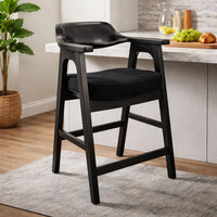 Reno Counter Stool Chair Set of 2, Curved Back w Seat Cushion, Black Wood - BM352400