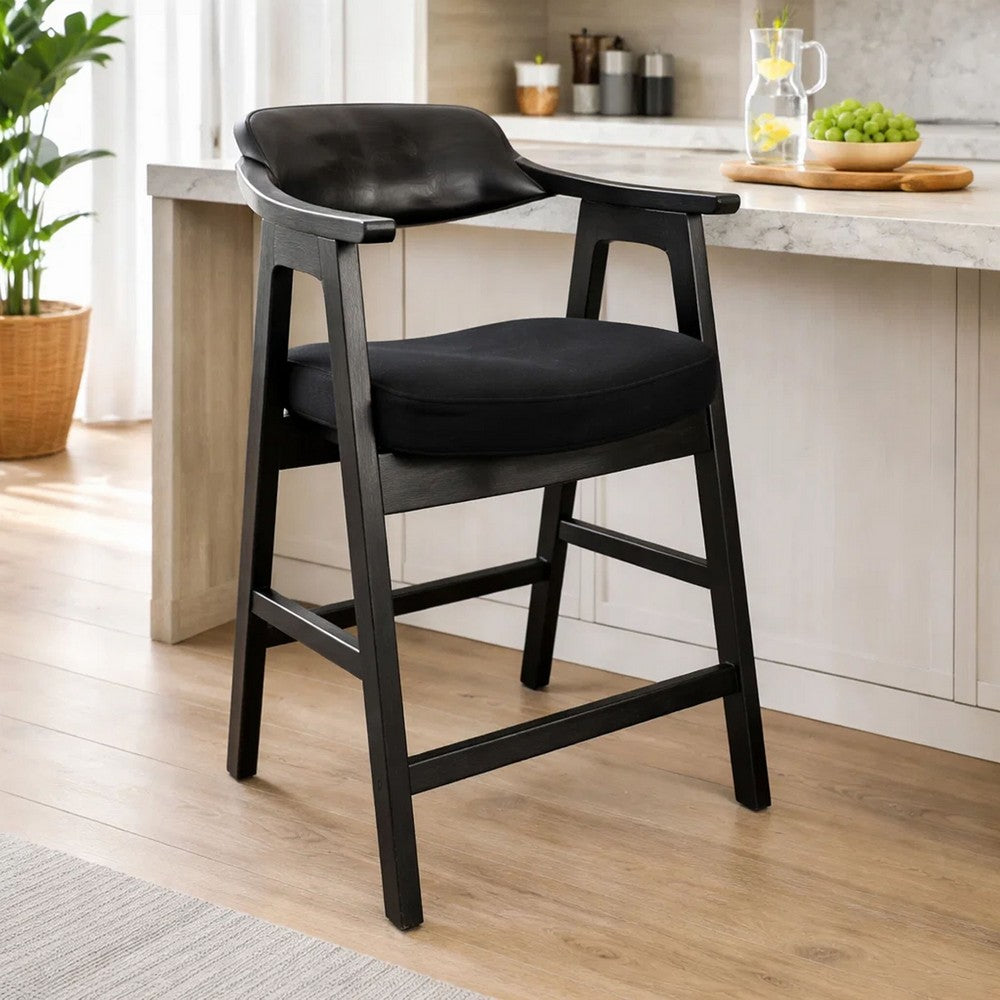 Reno Counter Stool Chair Set of 2, Curved Back w Seat Cushion, Black Wood - BM352400