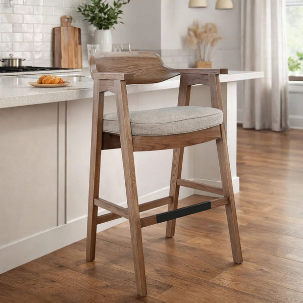 Reno Barstool Chair Set of 2, Curved Back, Gray Seat, Medium Brown Wood - BM352402