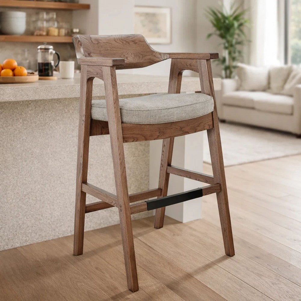 Reno Barstool Chair Set of 2, Curved Back, Gray Seat, Medium Brown Wood - BM352402