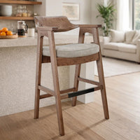 Reno Barstool Chair Set of 2, Curved Back, Gray Seat, Medium Brown Wood - BM352402