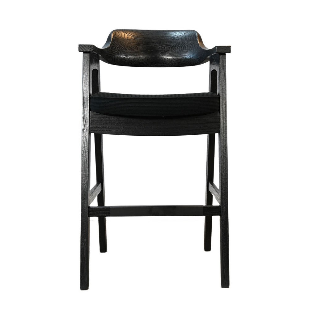 Reno Barstool Chair Set of 2, Curved Back w Seat Cushion, Umbra Black Wood - BM352403