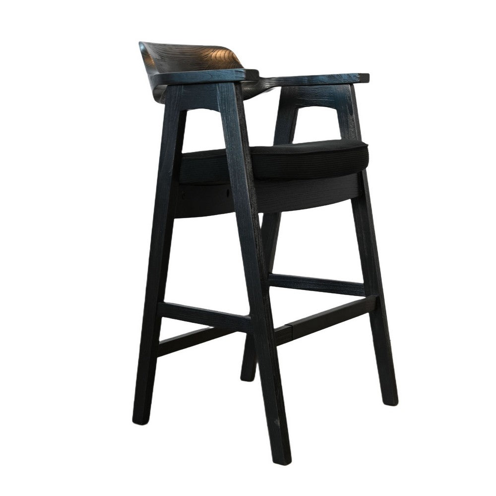 Reno Barstool Chair Set of 2, Curved Back w Seat Cushion, Umbra Black Wood - BM352403