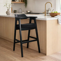 Reno Barstool Chair Set of 2, Curved Back w Seat Cushion, Umbra Black Wood - BM352403