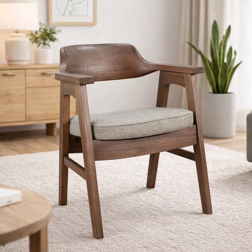 Reno Dining Armchair Set of 2, Curved Back, Gray Cushion, Medium Brown Wood - BM352404