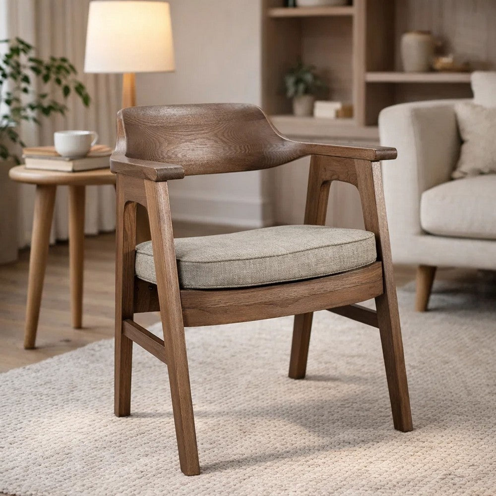 Reno Dining Armchair Set of 2, Curved Back, Gray Cushion, Medium Brown Wood - BM352404