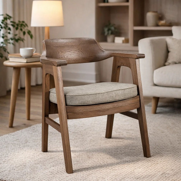 Reno Dining Armchair Set of 2, Curved Back, Gray Cushion, Medium Brown Wood - BM352404