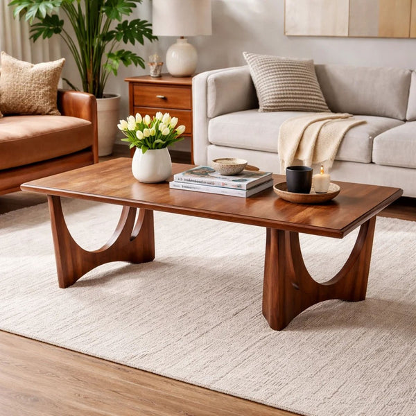 Natra Coffee Table, 52 Inch Rectangular, Sculpted Base Cinnamon Brown - BM352409