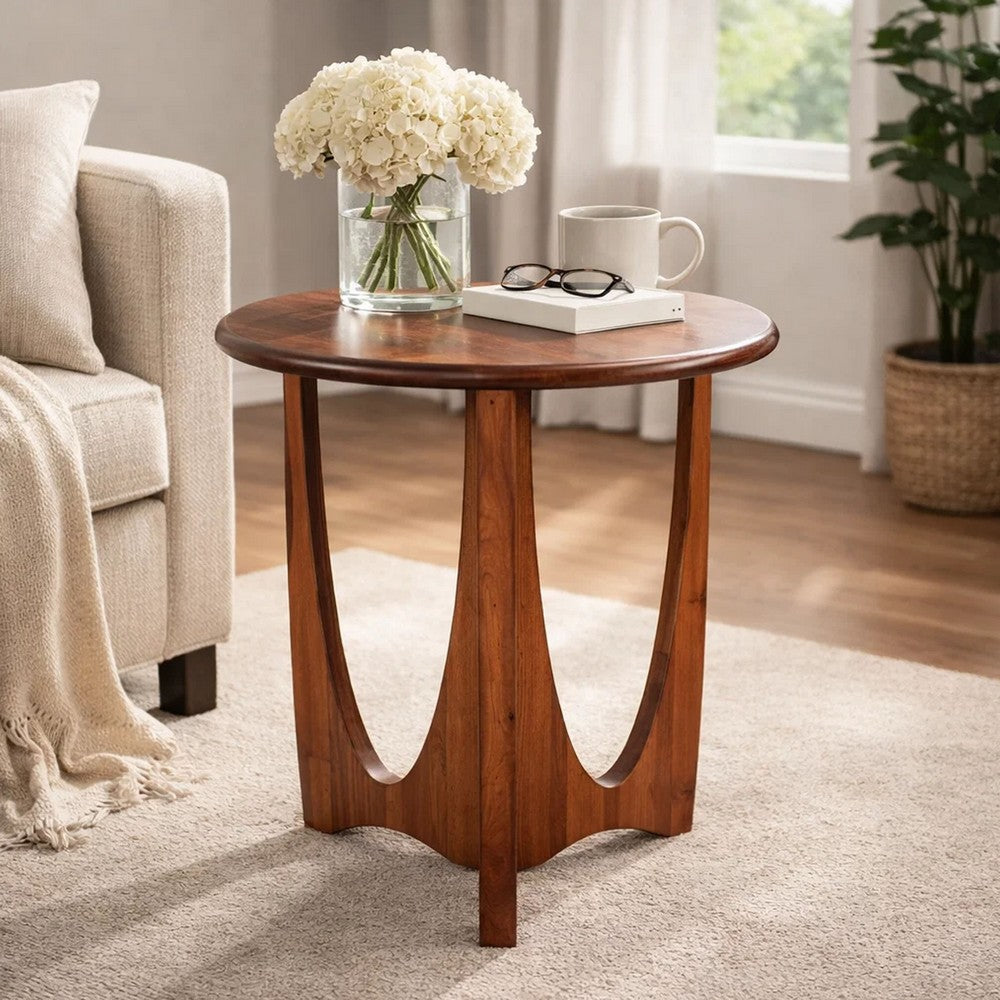 Natra Chair Side Table, 22 Inch Round, Sculpted Base Cinnamon Brown - BM352410