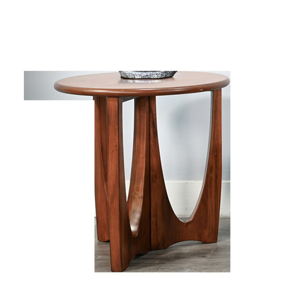 Natra Side End Table, 26 Inch Round, Sculpted Base Cinnamon Brown - BM352411