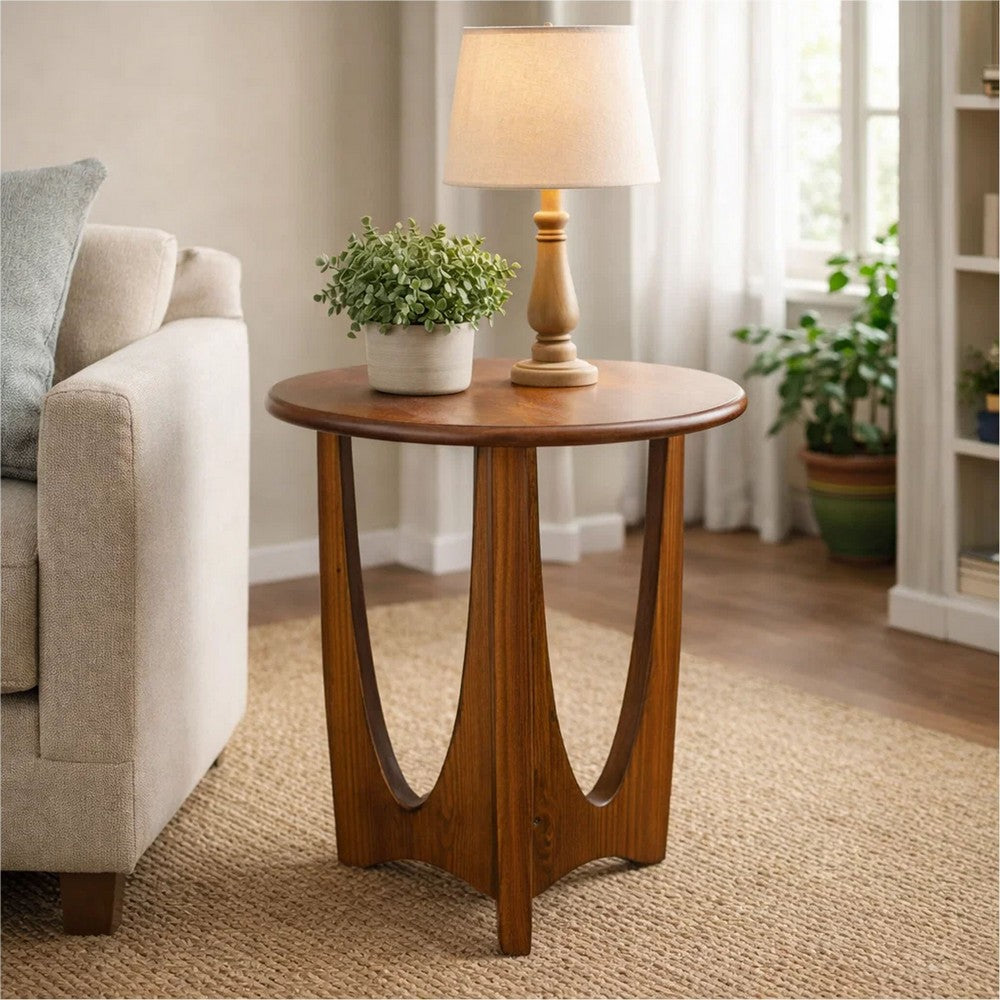 Natra Side End Table, 26 Inch Round, Sculpted Base Cinnamon Brown - BM352411