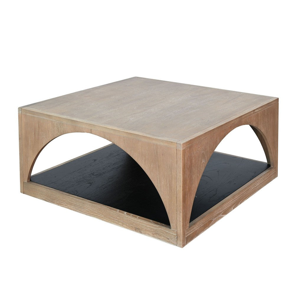 Lesy Coffee Table, 36 Inch Square Top with Lower Shelf, Brown, Black - BM352412