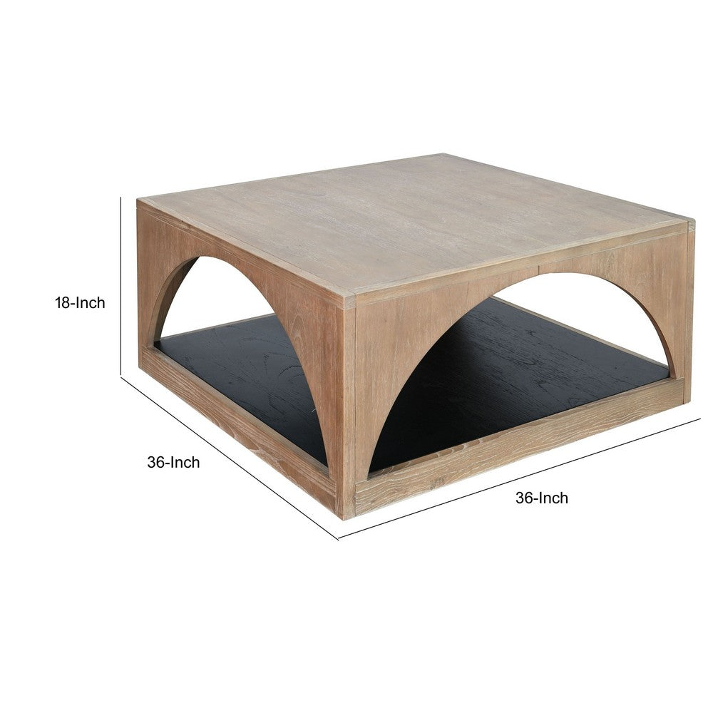 Lesy Coffee Table, 36 Inch Square Top with Lower Shelf, Brown, Black - BM352412