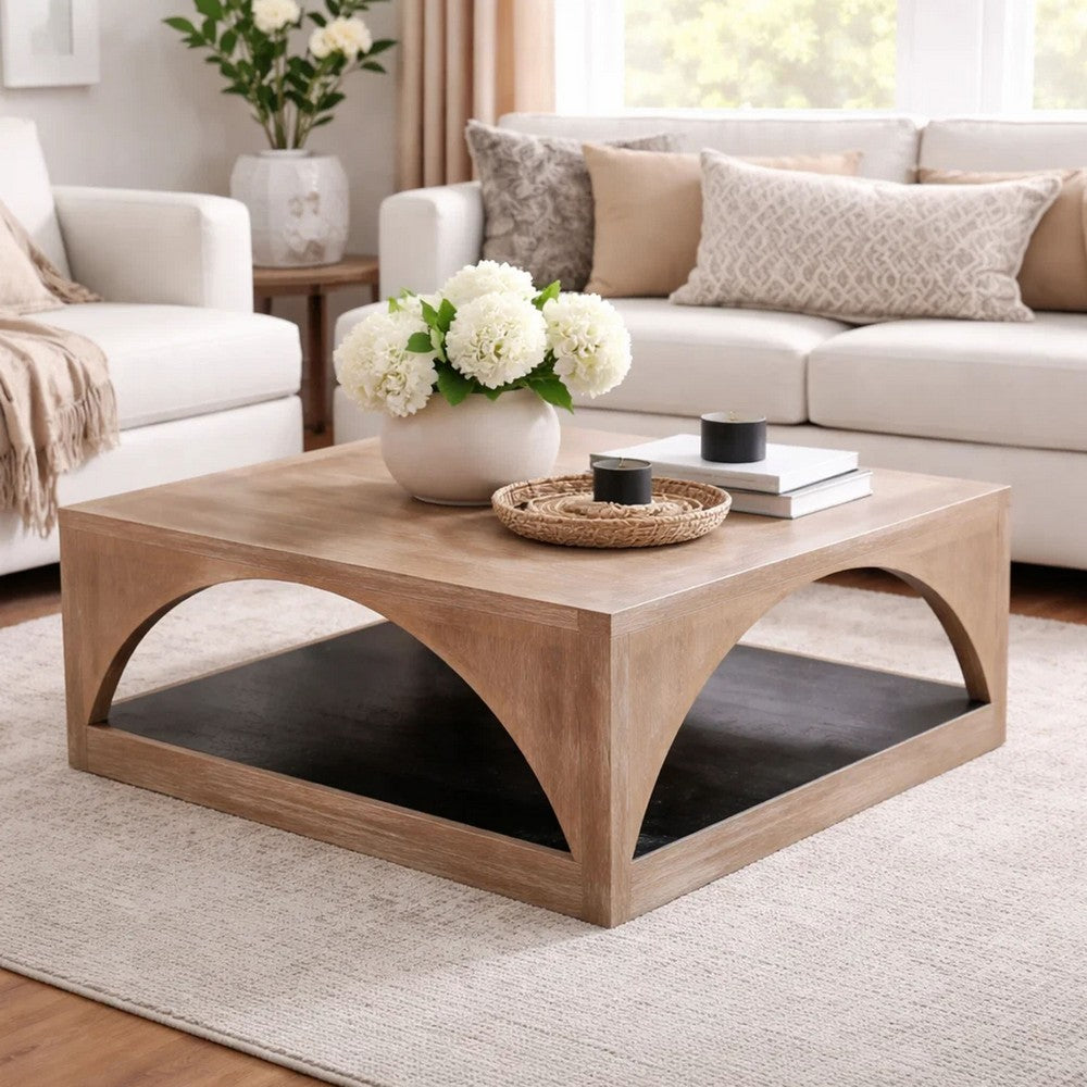 Lesy Coffee Table, 36 Inch Square Top with Lower Shelf, Brown, Black - BM352412