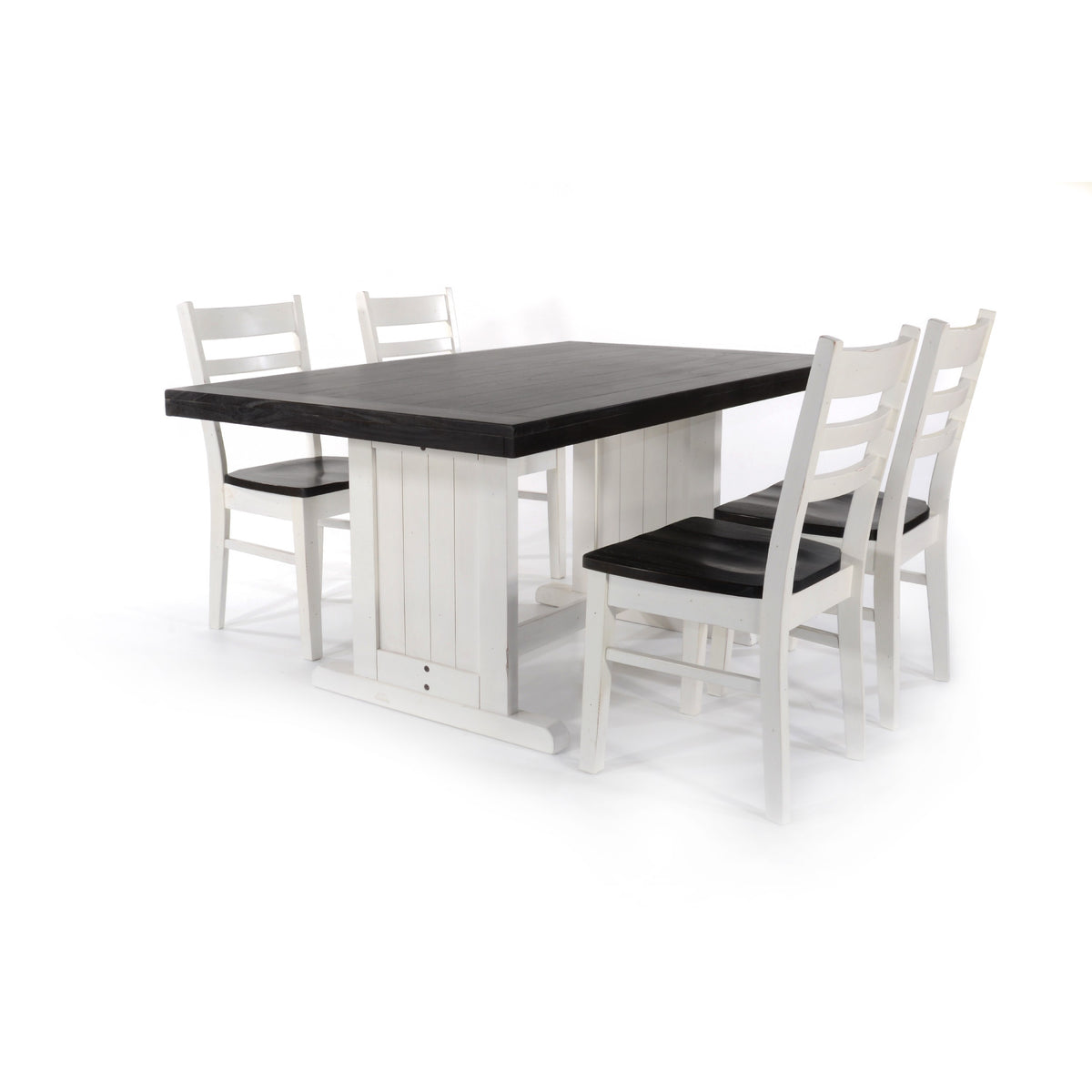 5pc Dining Table Set, Ladder Back Wood Chairs, Cottage White and Brown