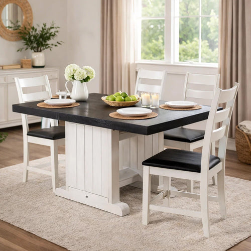 5pc Dining Table Set, Ladder Back Wood Chairs, Cottage White and Brown