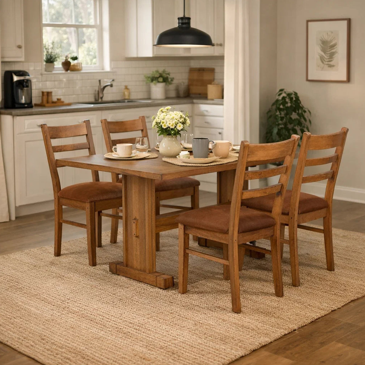 Marv 5pc Dining Table Set, Ladder Back Padded Chairs, Rustic Oak Brown