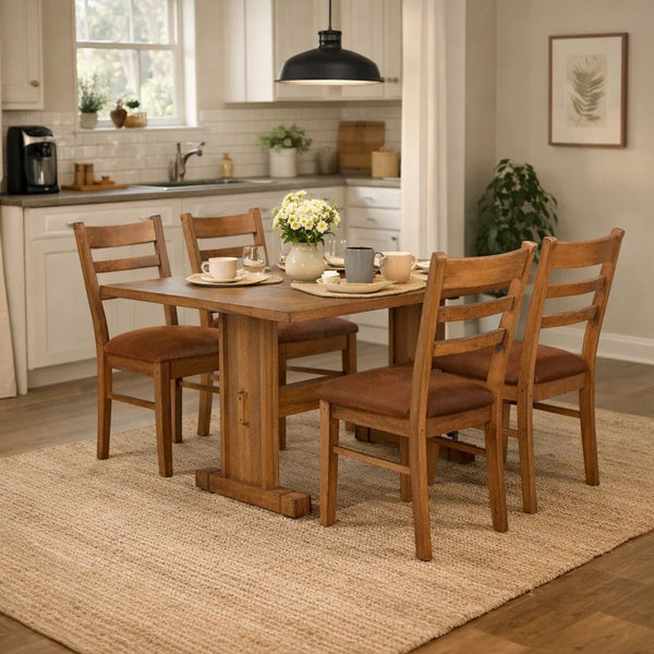 Marv 5pc Dining Table Set, Ladder Back Padded Chairs, Rustic Oak Brown