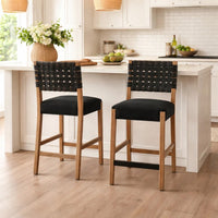 Jesa Counter Stool Chair Set of 2, Black Woven Back, Brown Mahogany Wood - BM352429