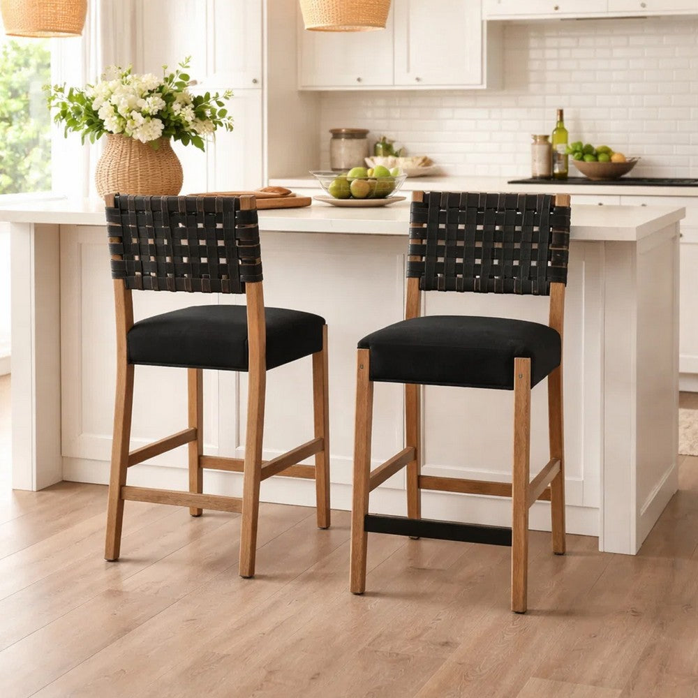 Jesa Counter Stool Chair Set of 2, Black Woven Back, Brown Mahogany Wood - BM352429