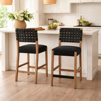 Jesa Counter Stool Chair Set of 2, Black Woven Back, Brown Mahogany Wood - BM352429