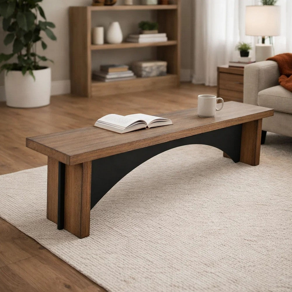 Dining Bench, 72 Inch Desert Brown Mahogany Wood, Black Arched Base - BM352432