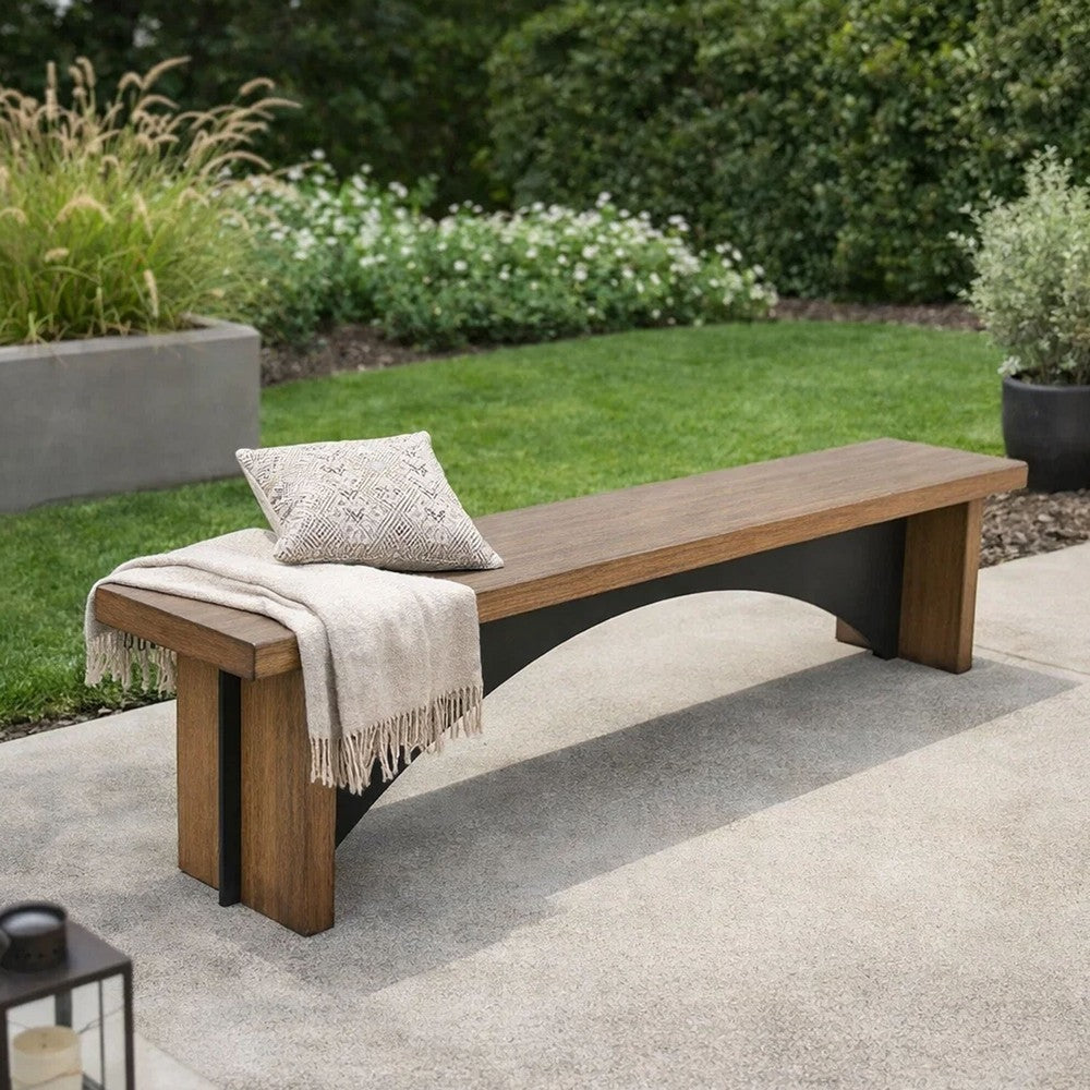 Dining Bench, 72 Inch Desert Brown Mahogany Wood, Black Arched Base - BM352432