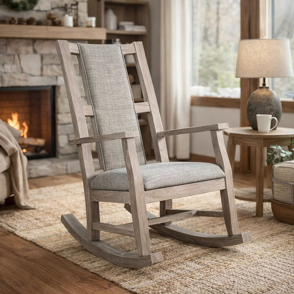 Keza Rocking Chair, Gray Padded Seat, Wheat Brown Mindi Wood Frame - BM352435