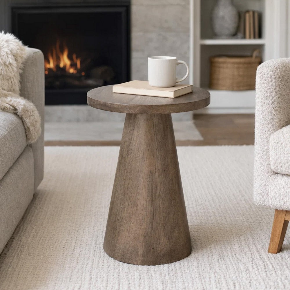 Myro Accent Table, 13 Inch Round Top with Cone Base, Buckskin Brown Mahogany Wood - BM352438