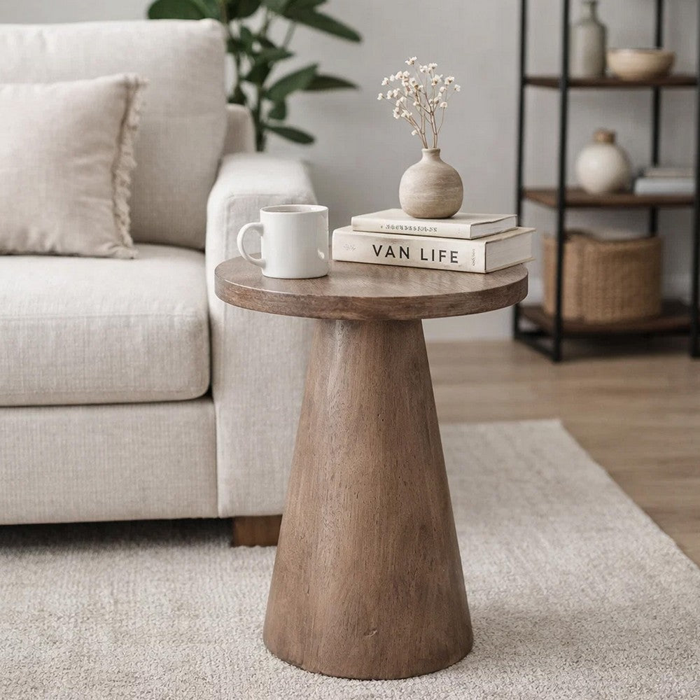 Myro Accent Table, 13 Inch Round Top with Cone Base, Buckskin Brown Mahogany Wood - BM352438