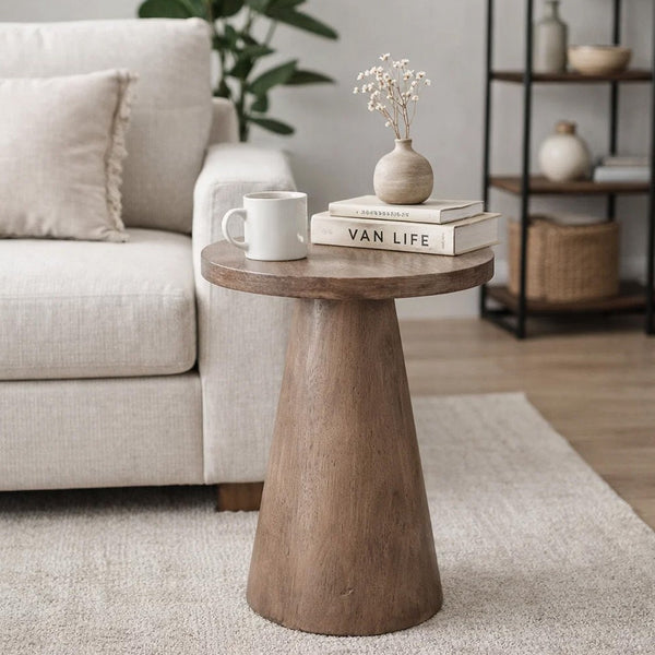 Myro Accent Table, 13 Inch Round Top with Cone Base, Buckskin Brown Mahogany Wood - BM352438