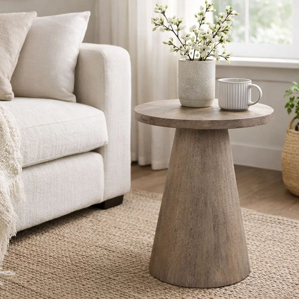 Myro Accent Table, 13 Inch Round Top with Cone Base, Hazelnut Brown Mahogany Wood - BM352439