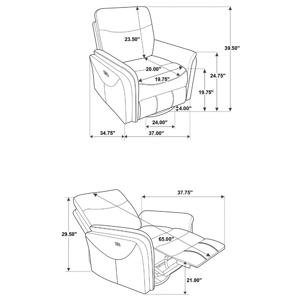 Asley Power Glider Recliner Chair, Swivel Base, USB Ports, Gray Fabric