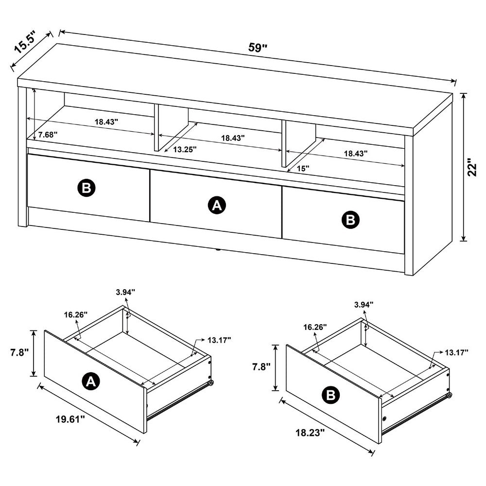 Rutvy TV Stand Media Console with 3 Drawers, Open Shelves, Black Wood - BM352601