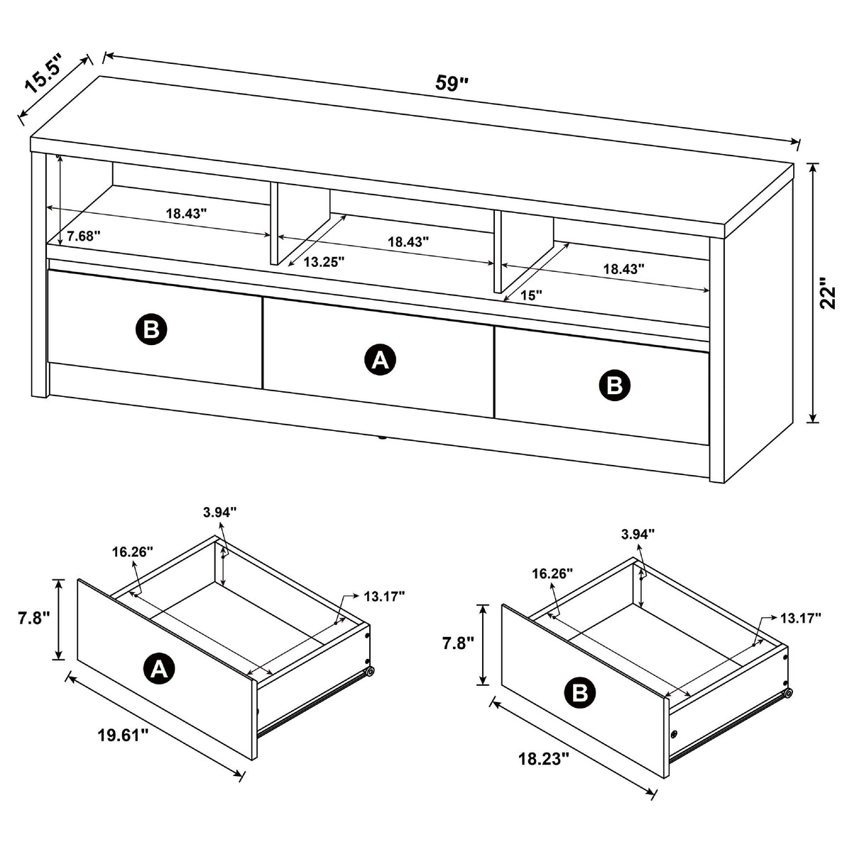 Rutvy TV Stand Media Console with 3 Drawers, Open Shelves, Black Wood - BM352601
