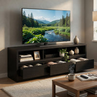 Rutvy TV Stand Media Console with 3 Drawers, Open Shelves, Black Wood - BM352601