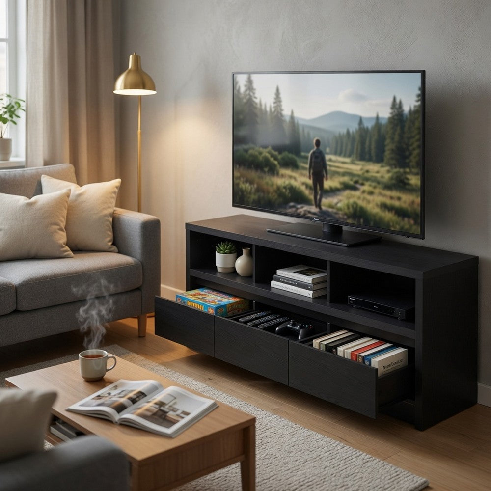 Rutvy TV Stand Media Console with 3 Drawers, Open Shelves, Black Wood - BM352601