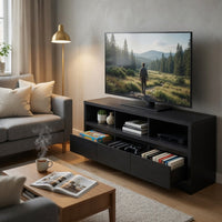 Rutvy TV Stand Media Console with 3 Drawers, Open Shelves, Black Wood - BM352601