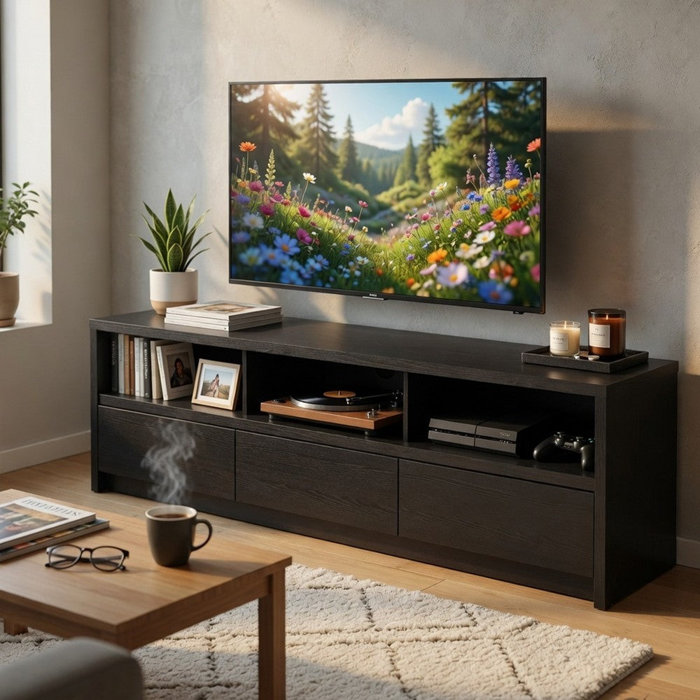 Rutvy TV Stand Media Console with Open Shelves, Black Wood 78 Inch - BM352602